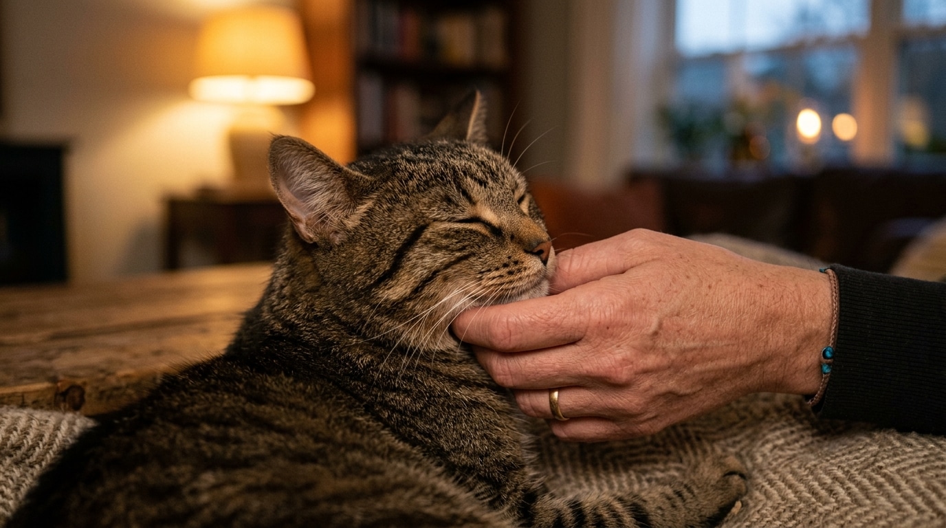 Chat tigré appuyant son front contre une main