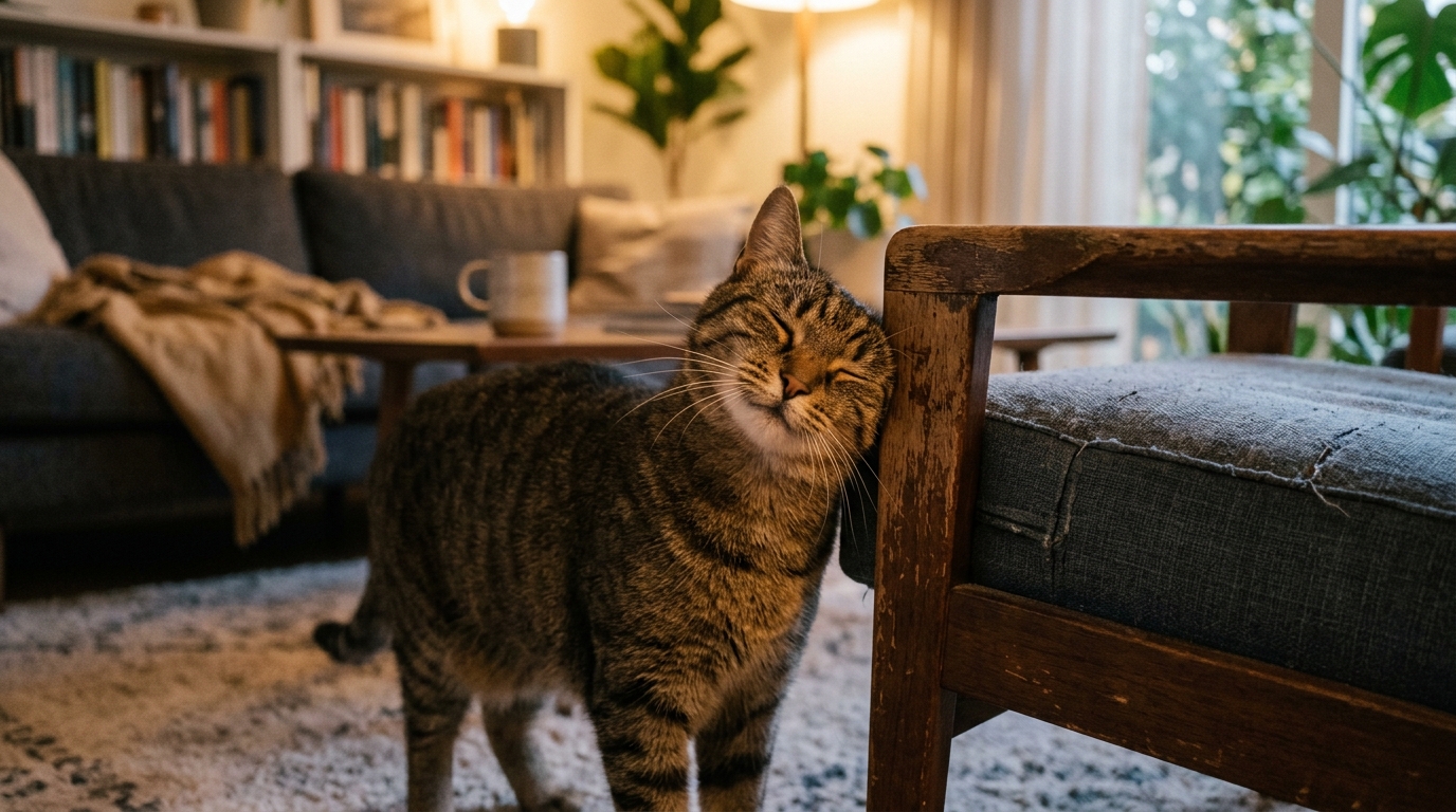 Chat frottant sa joue contre un fauteuil au salon
