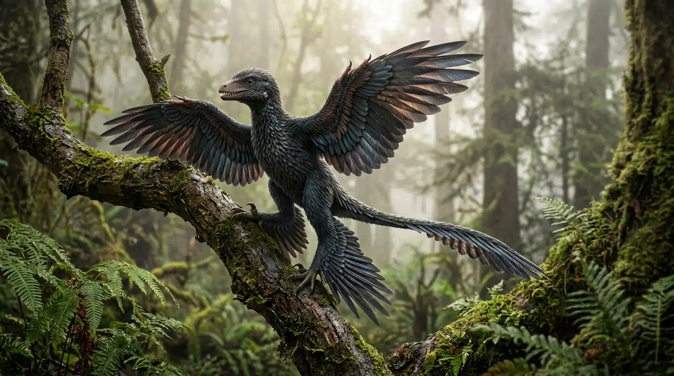 Petit dinosaure à plumes à quatre ailes perché sur une branche