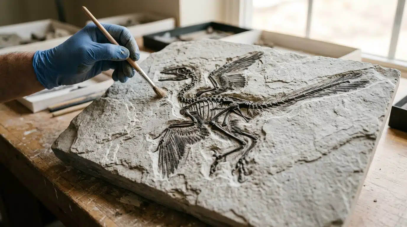 Fossile de dinosaure à plumes dans la roche, pinceau de paléontologue