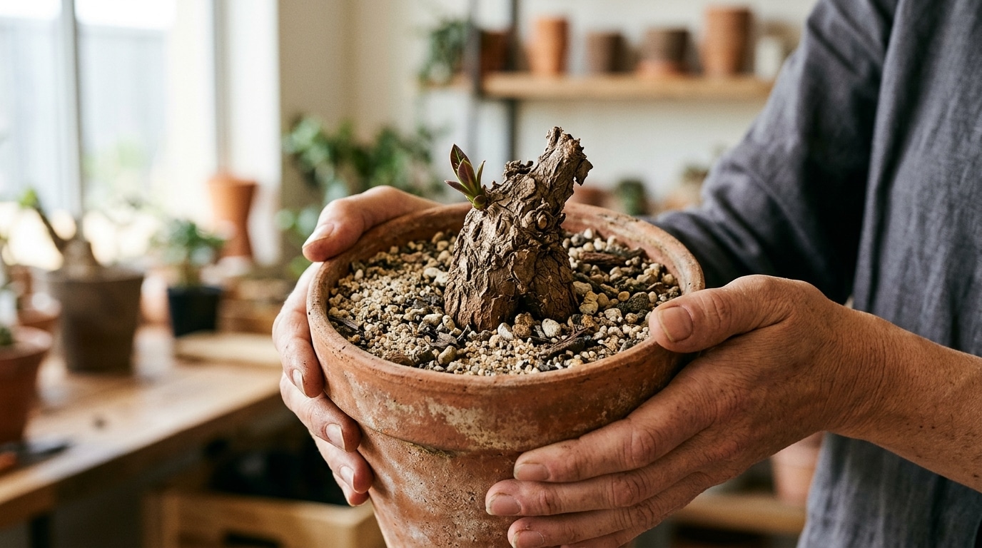 Mains tenant un pot de terre cuite avec caudex en repos