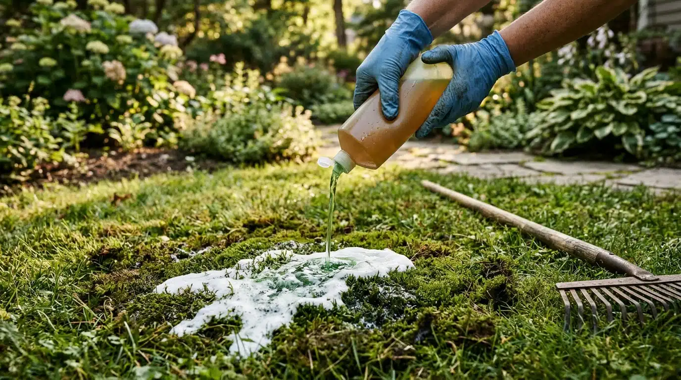 Mains versant du liquide vaisselle sur une zone de mousse
