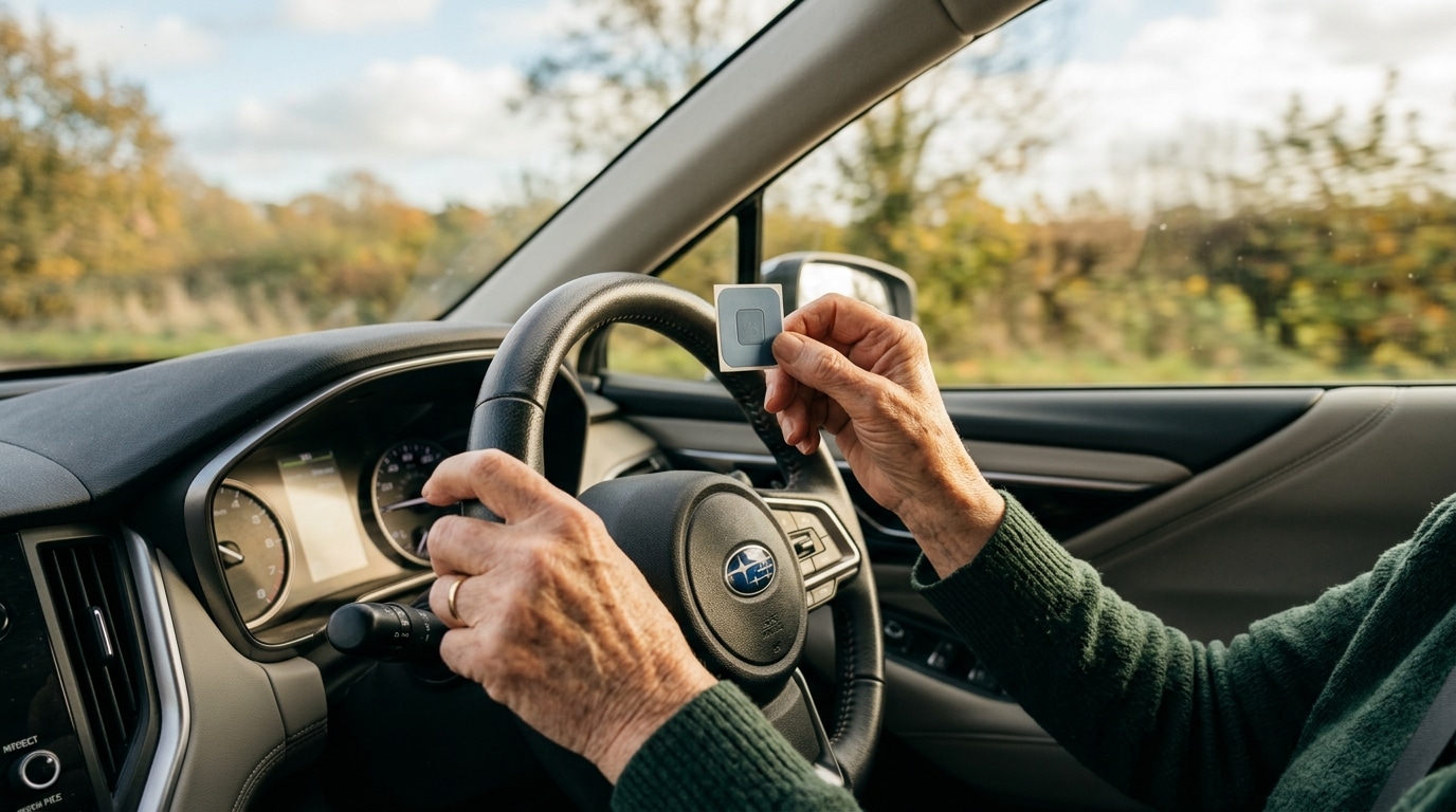 Mains de senior sur un volant tenant un petit aimant