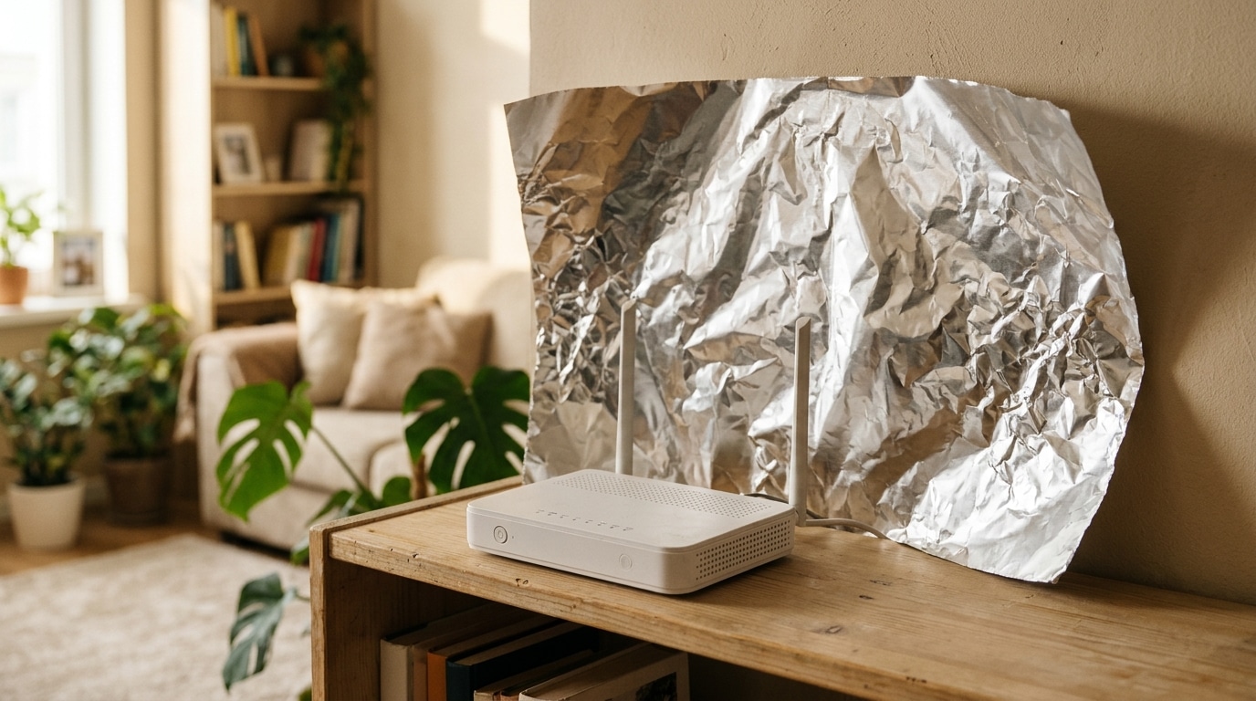 Feuille d'aluminium courbée derrière un routeur blanc sur une étagère