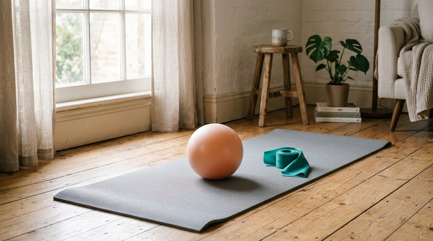 Tapis de Pilates, petit ballon et élastique au sol