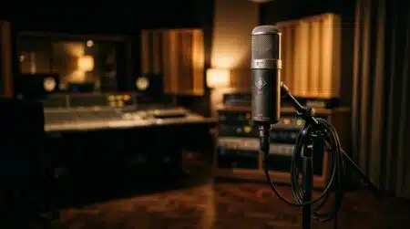 Micro de studio dans une salle vide faiblement éclairée