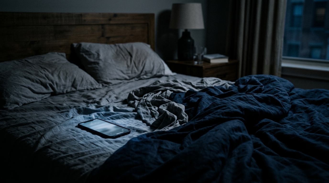 Smartphone posé sur un lit dans une chambre sombre