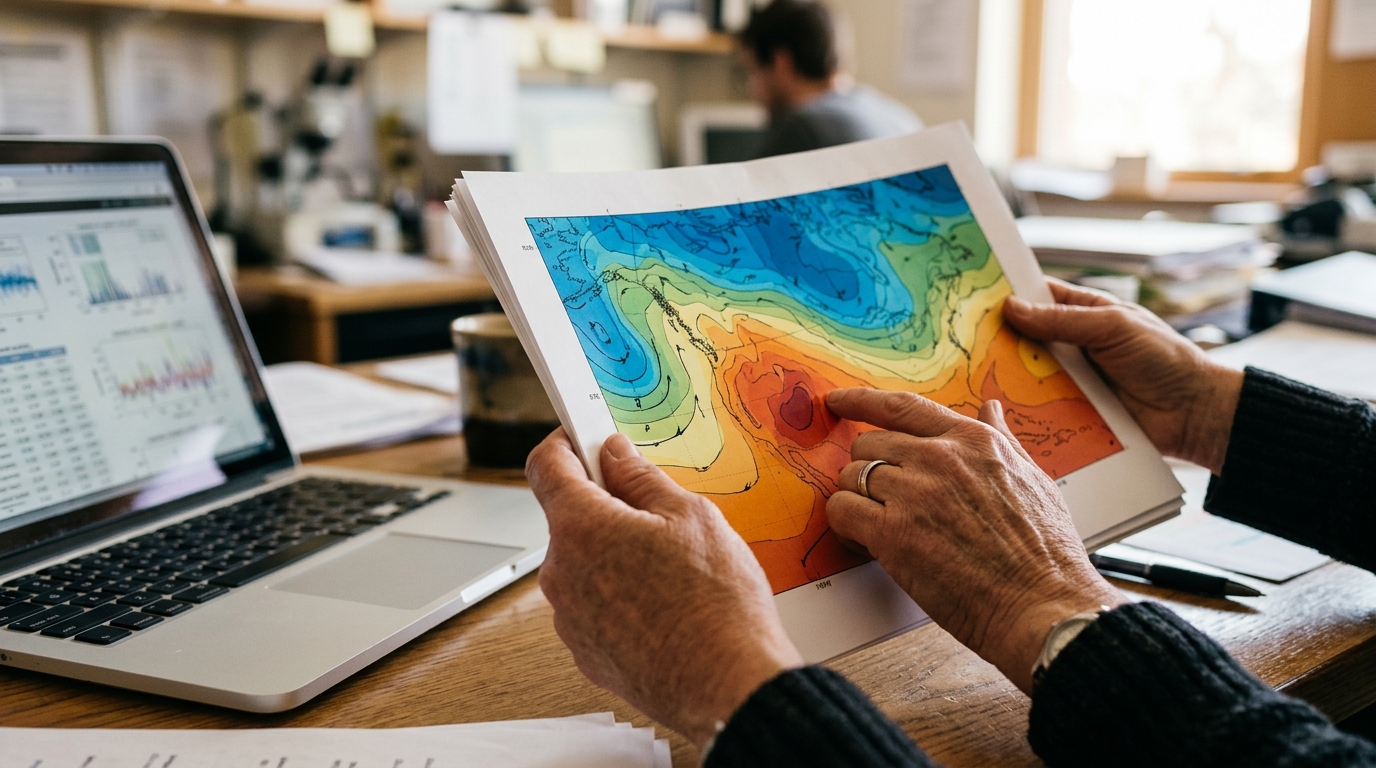 Mains de chercheur sur une carte de températures colorée