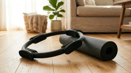 Anneau de Pilates noir posé sur parquet clair