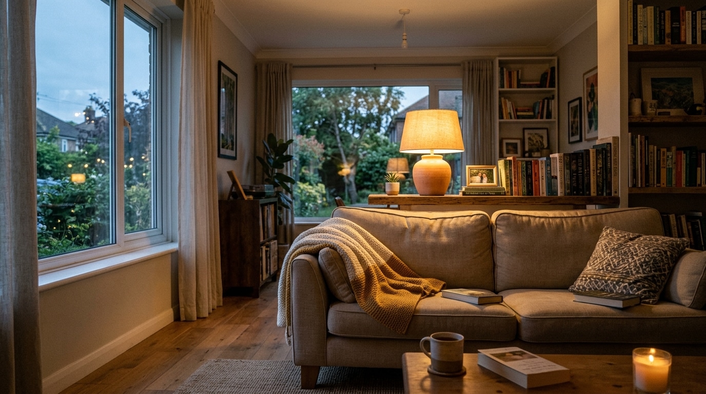 Salon chaleureux éclairé par une lampe posée sur une étagère