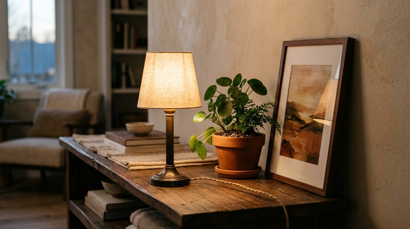 Petite lampe d'accent sur console près d'une plante