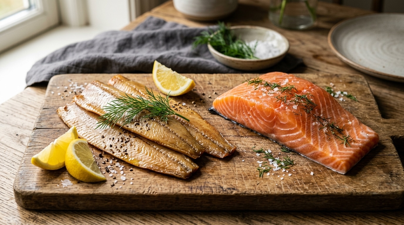 Filets de hareng fumé et saumon sur planche en bois