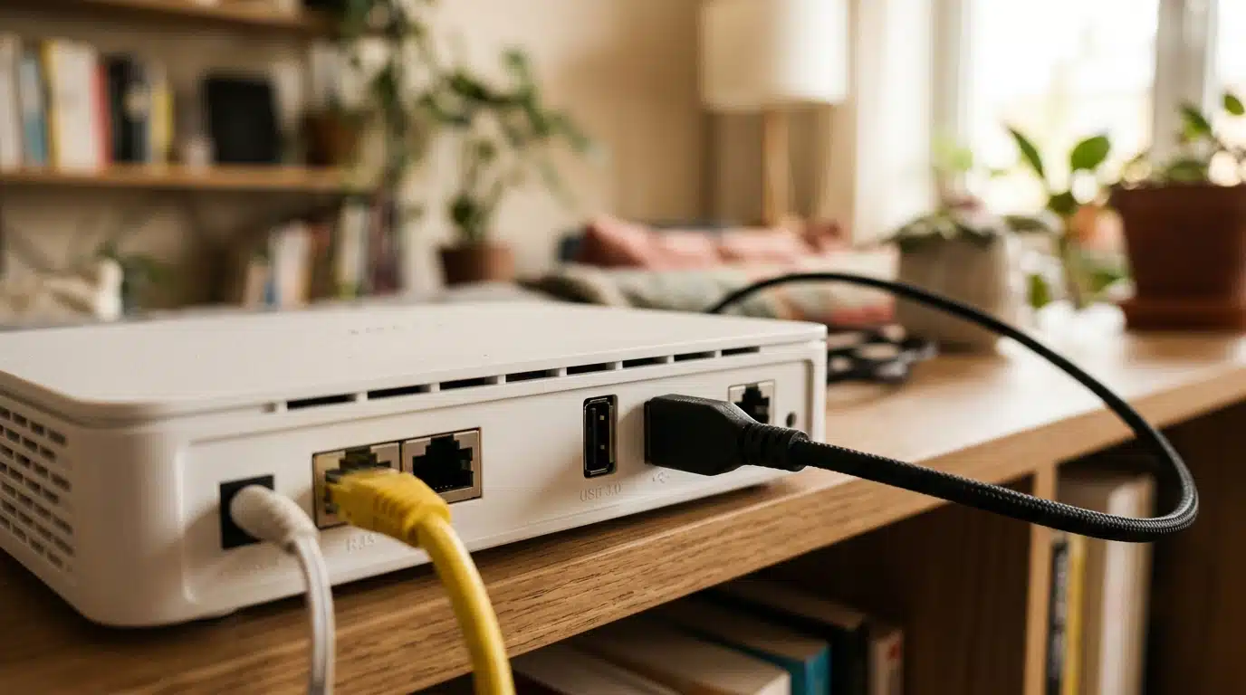 Port USB vide au dos d'une box Internet blanche