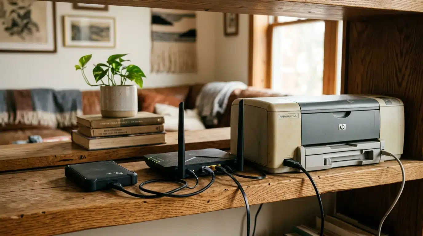 Disque dur externe branché sur un routeur à côté d'une imprimante
