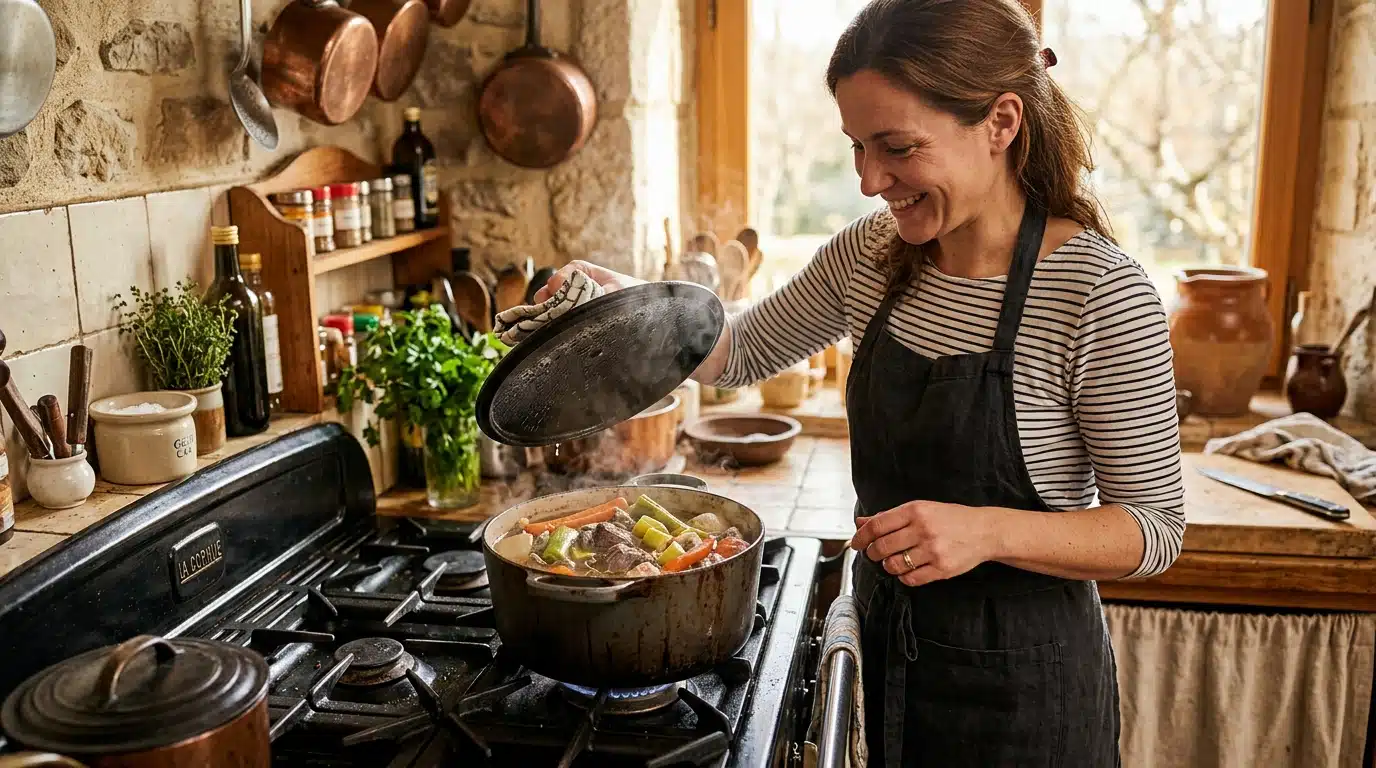 Marmite de pot-au-feu fumante sur une cuisinière