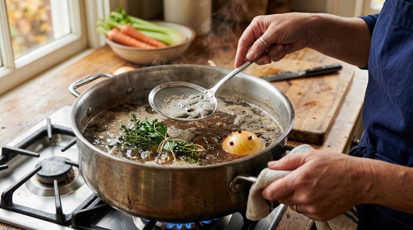 Écumage du bouillon de bœuf dans une grande marmite