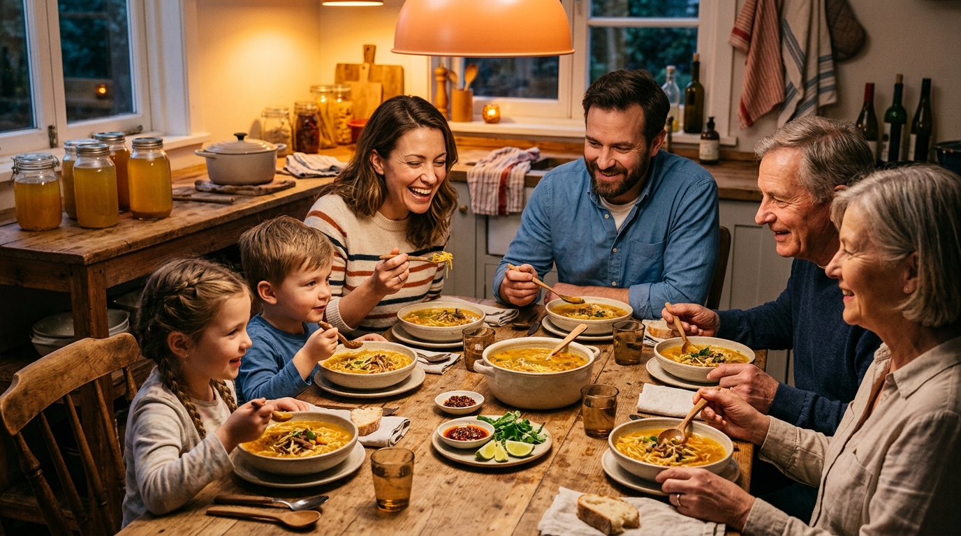 Famille attablée autour d'une soupe au bouillon de pot-au-feu