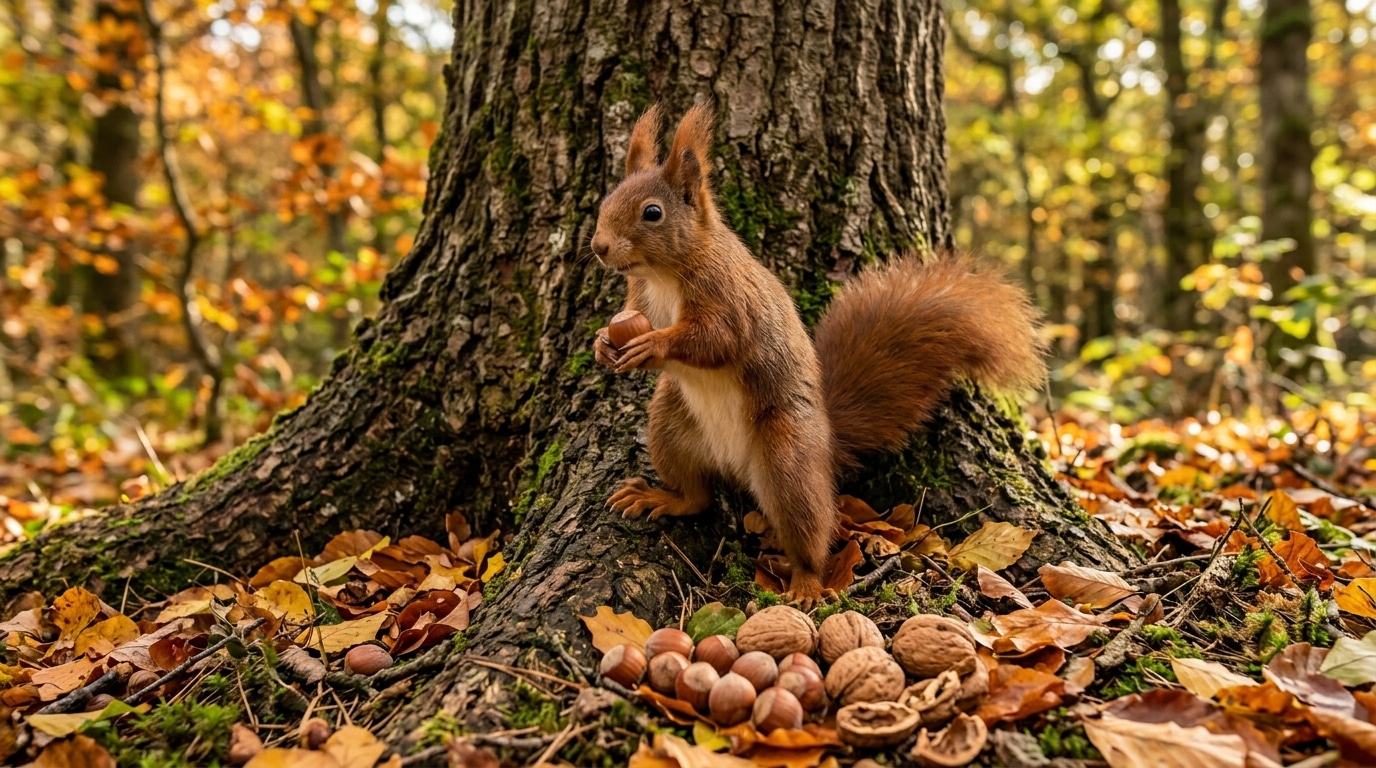 Écureuil roux dressé au pied d'un chêne en automne