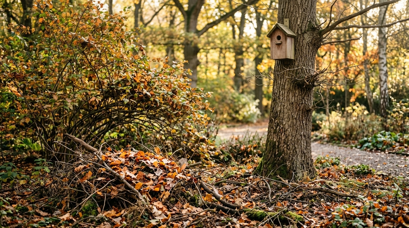 Tas de feuilles et nichoir en bois au jardin