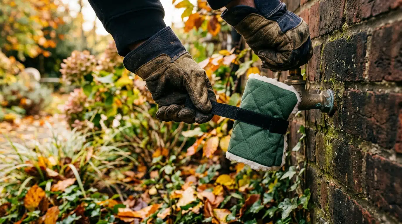 Mains gantées sanglant une housse sur un robinet de jardin