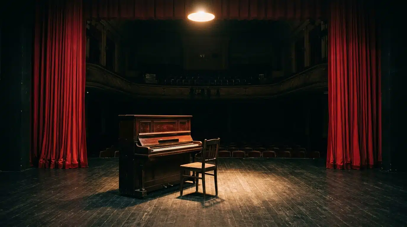 Scène de théâtre vide avec piano et chaise sous projecteur