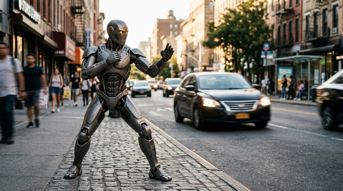 Robot humanoïde garde du corps en posture de combat dans la rue
