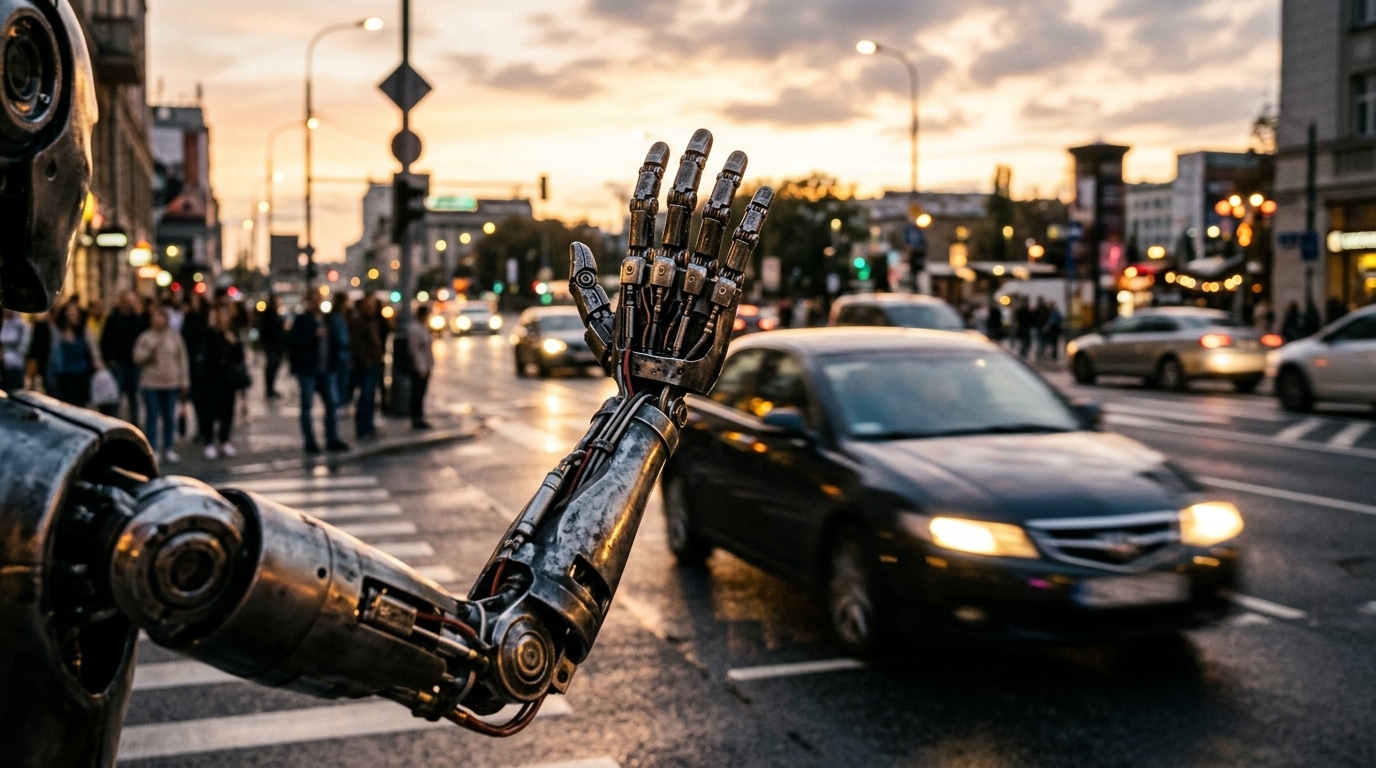 Main métallique de robot levée face à une voiture floue