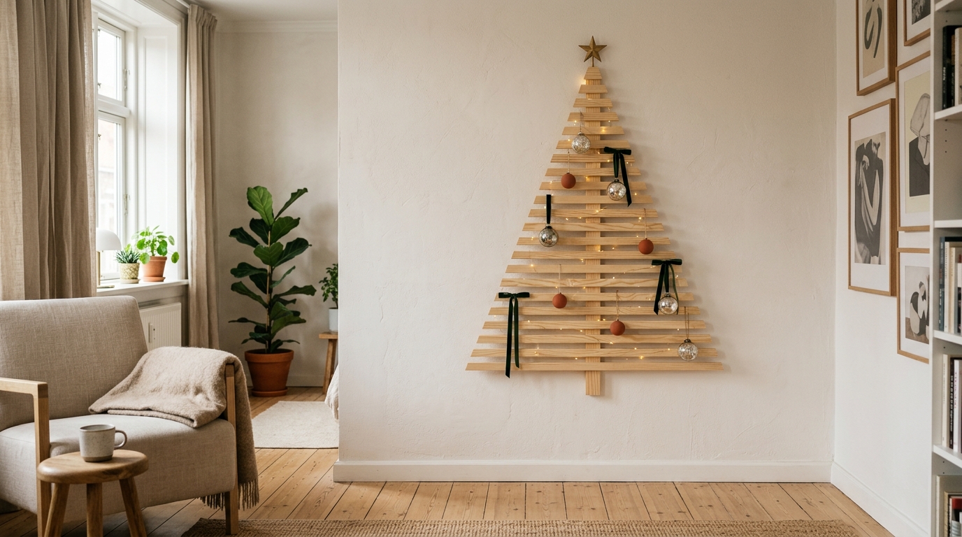 Sapin en bois fixé au mur d'un salon