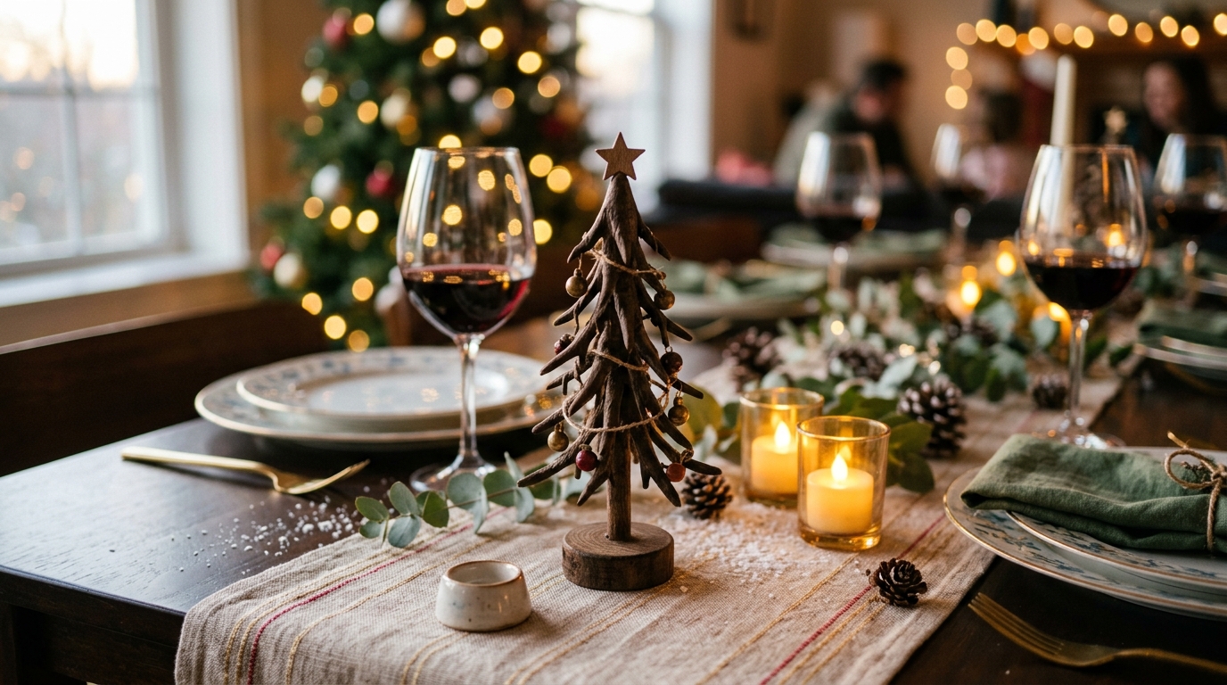 Mini sapin en pin sur table de fête