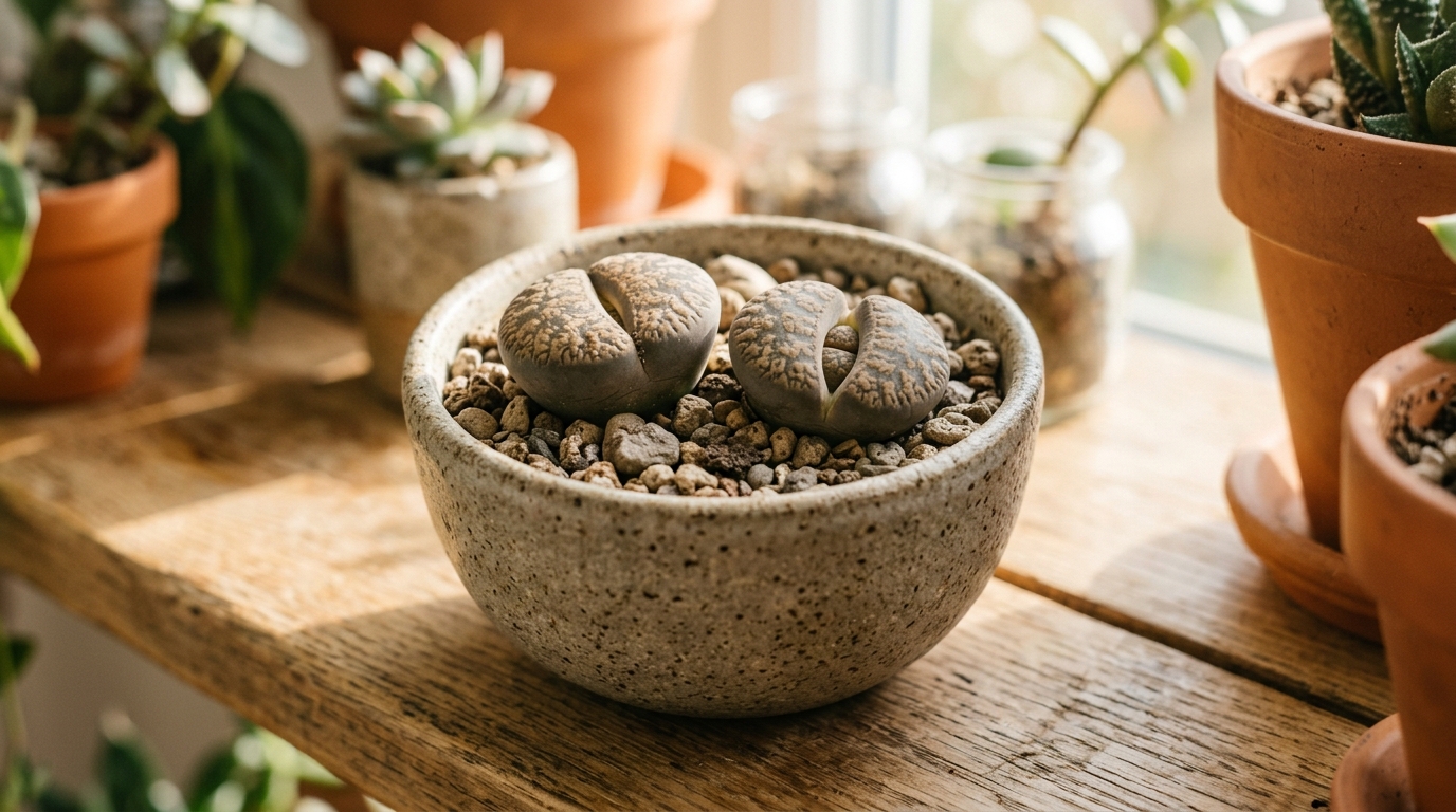 Deux Lithops ressemblant à des galets sur une étagère ensoleillée