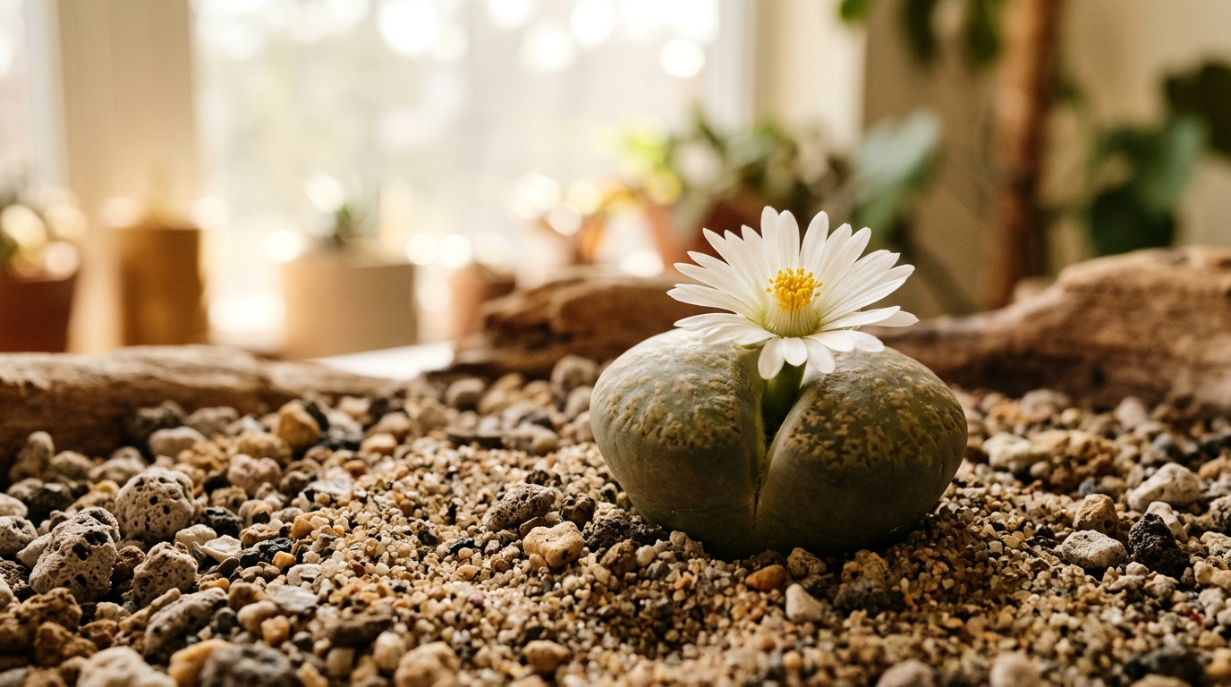 Fleur blanche de Lithops sortant de la fente entre deux feuilles