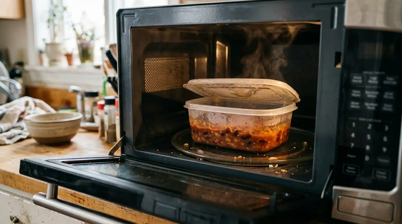 Boîte plastique fumante dans un micro-ondes ouvert