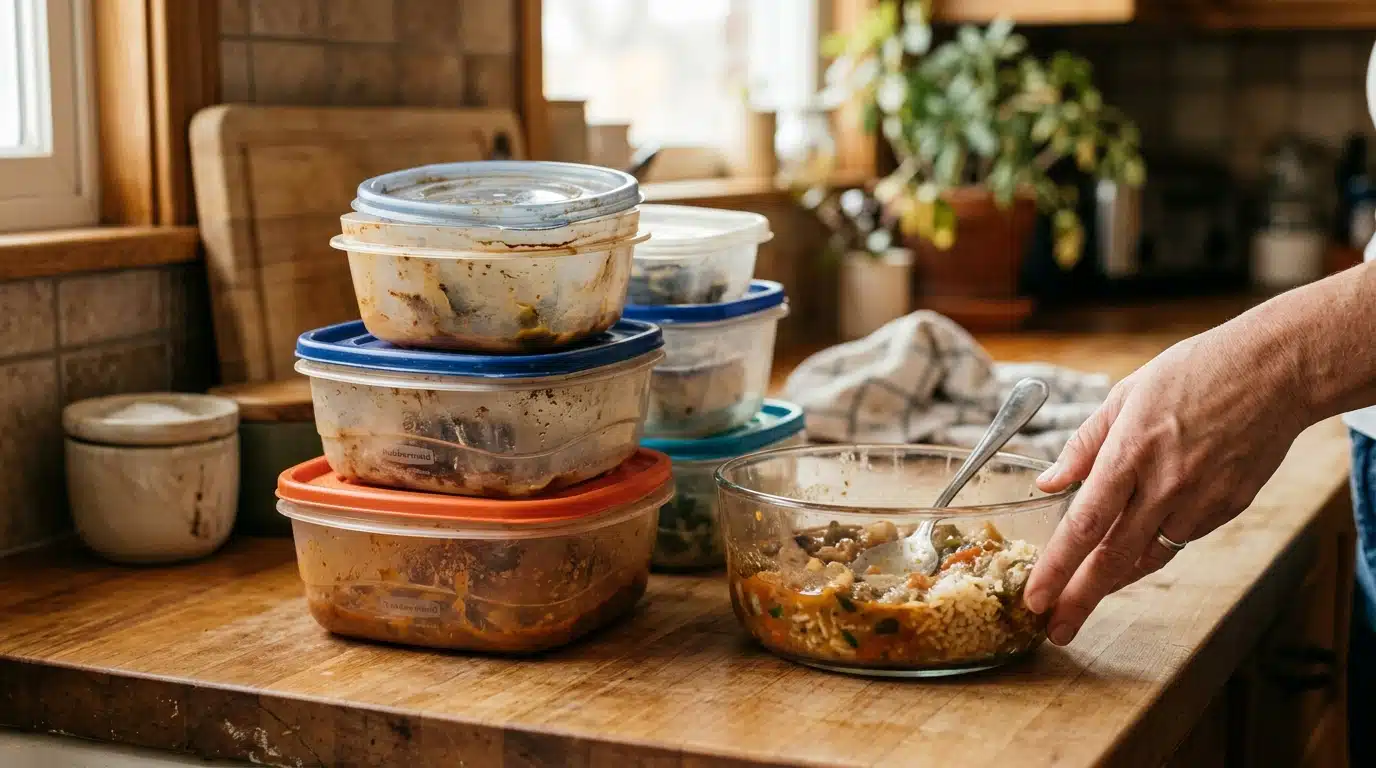 Bol en verre à côté de boîtes plastique sur plan de travail