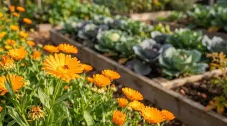 Fleurs de souci orange en bordure de potager d'automne
