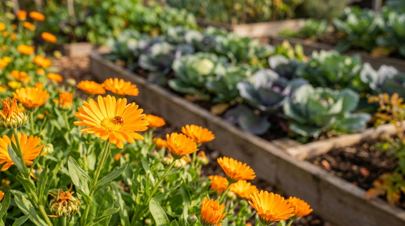 Fleurs de souci orange en bordure de potager d'automne