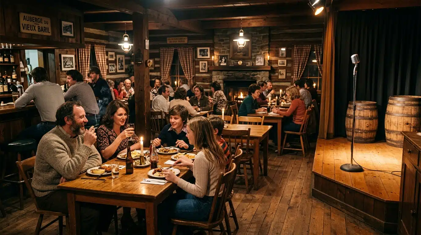 Évocation d'un petit restaurant familial québécois des années 1970, comme Le Vieux Baril où tout a commencé