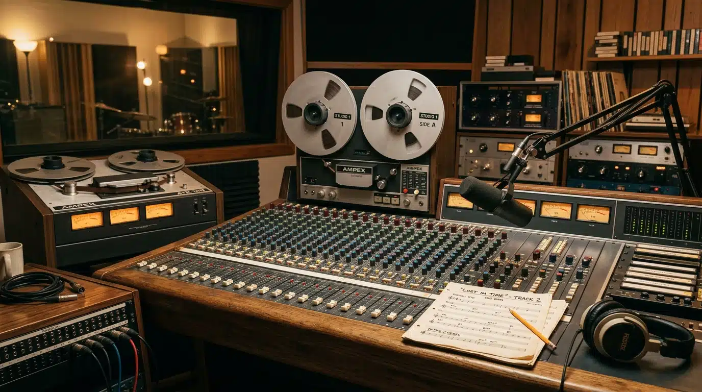 Studio d'enregistrement vintage des années 80, symbole des débuts de la carrière au Québec