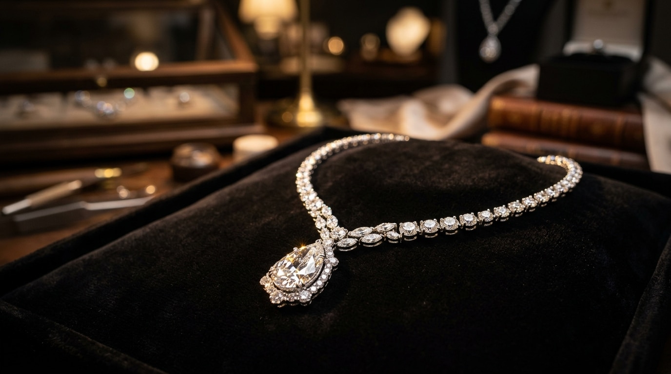 Gros plan sur une parure de diamants d'exception, bijou spectaculaire dont le vrai secret est ailleurs