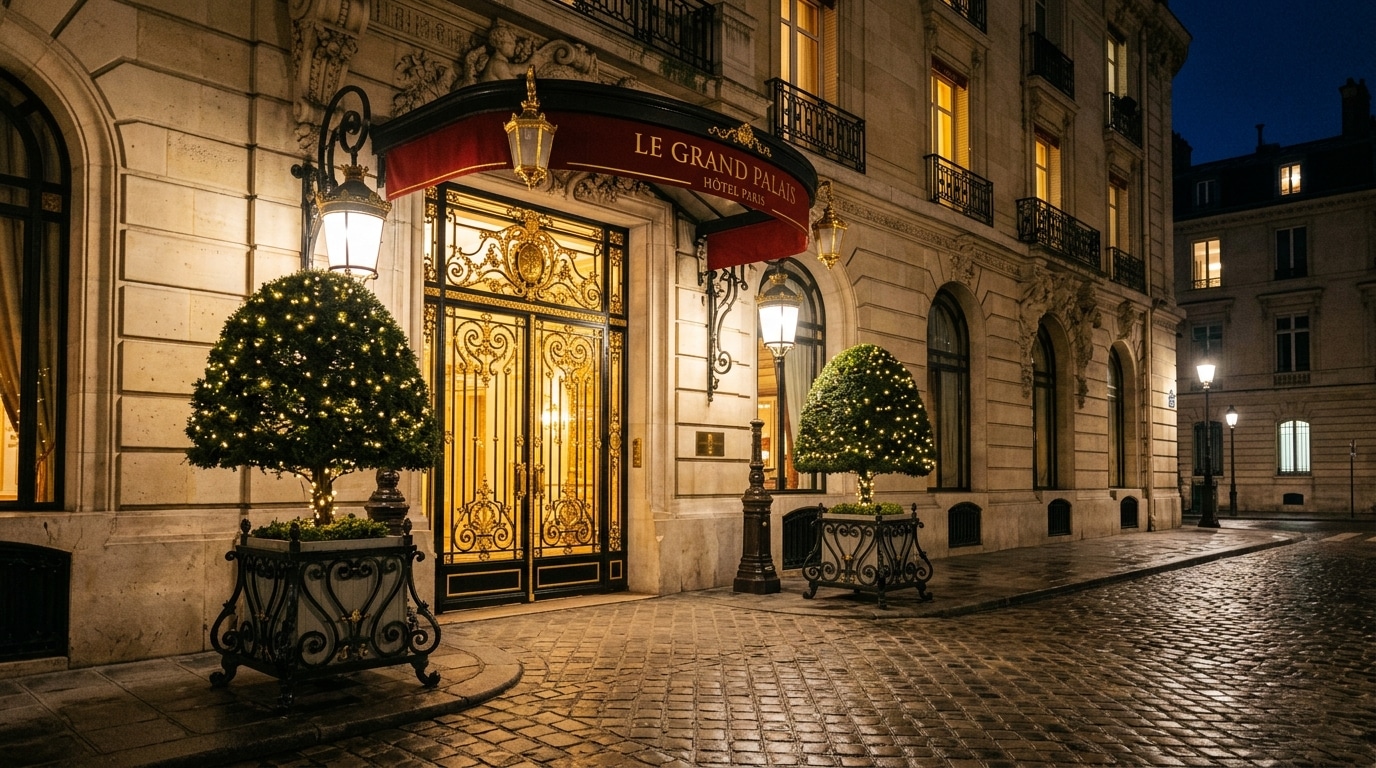 Entrée d'un palace parisien illuminée de nuit, décor de l'arrivée de la chanteuse à Paris