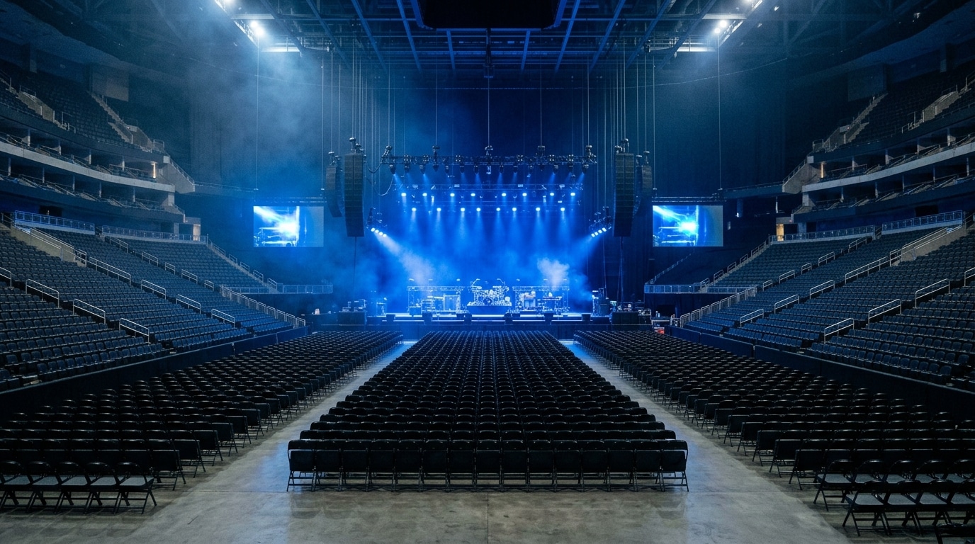 Immense salle de concert vide avant un spectacle, ambiance de la résidence parisienne à la Plenitude Arena