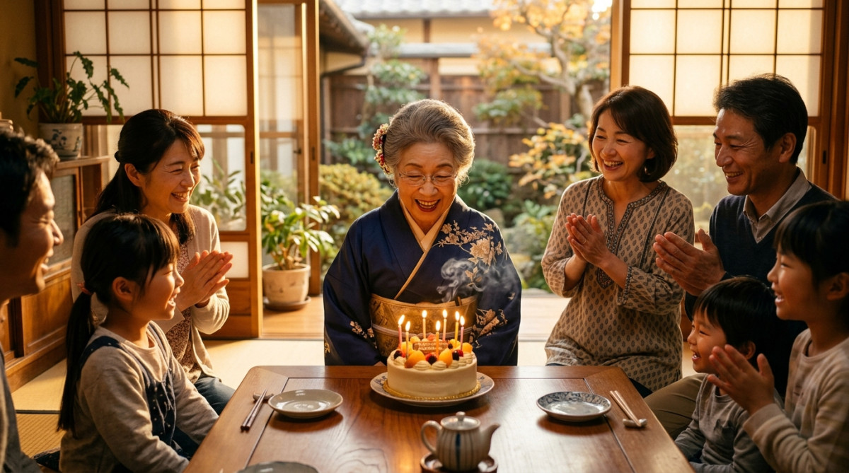 Centenaire japonaise soufflant les bougies de son gâteau
