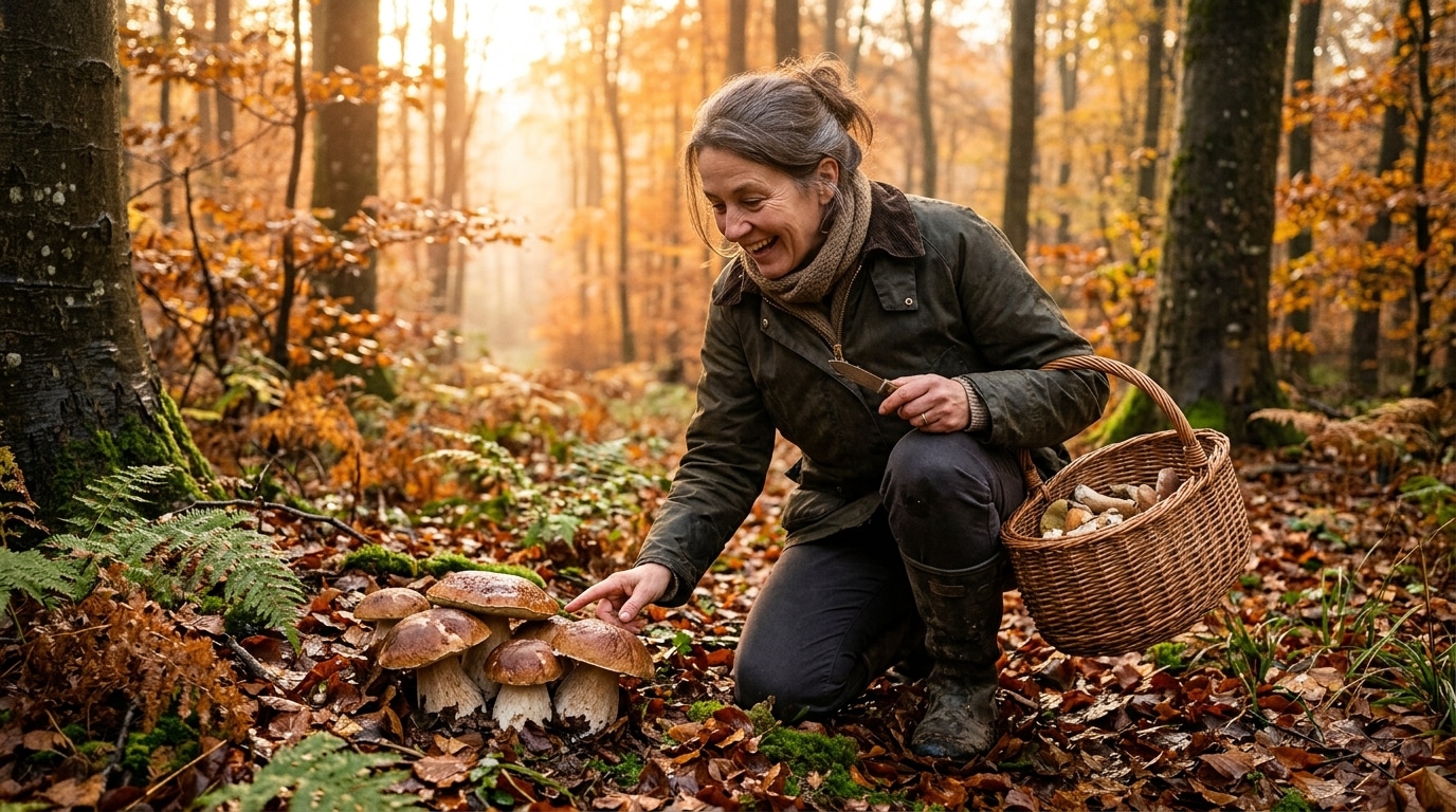 Cueilleuse souriante avec son panier devant des cèpes en forêt