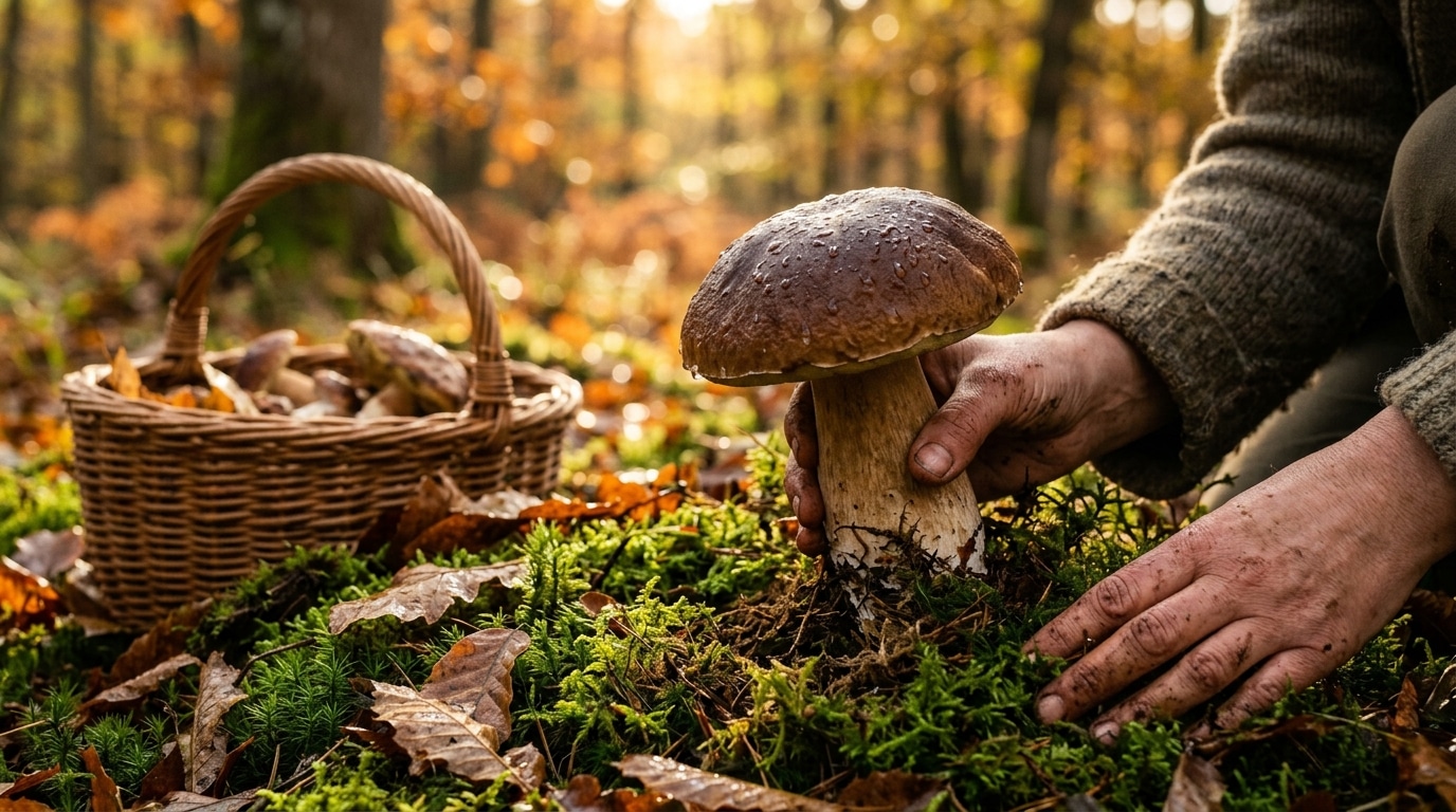 Mains qui cueillent délicatement un cèpe humide en sous-bois