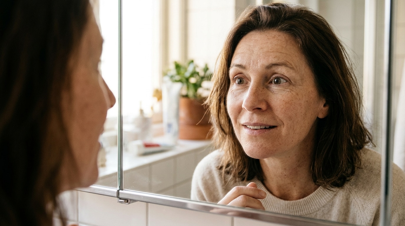 Femme regardant sa peau dans un miroir, soulagée