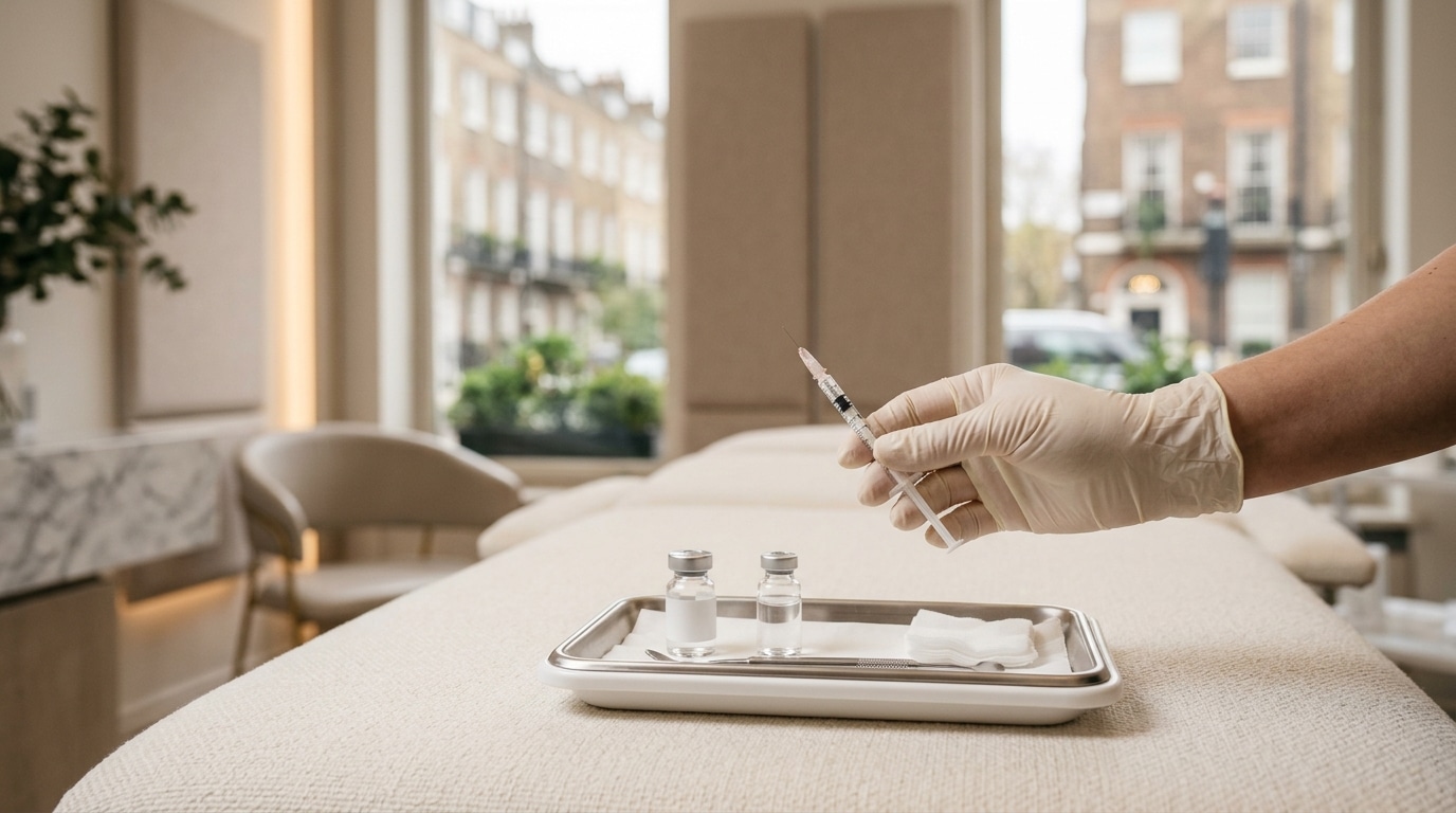 Main gantée tenant une seringue fine en clinique esthétique