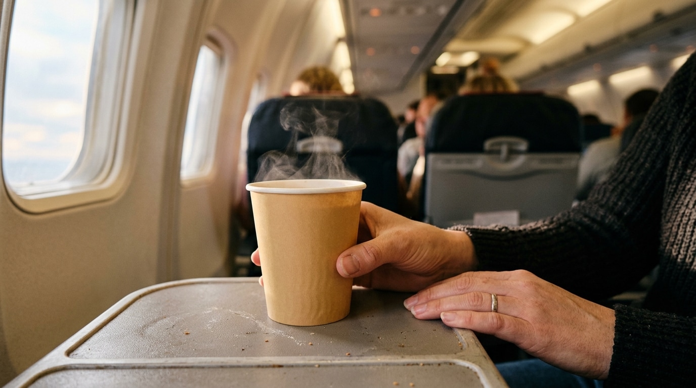 Main tenant un gobelet de café fumant sur tablette d'avion