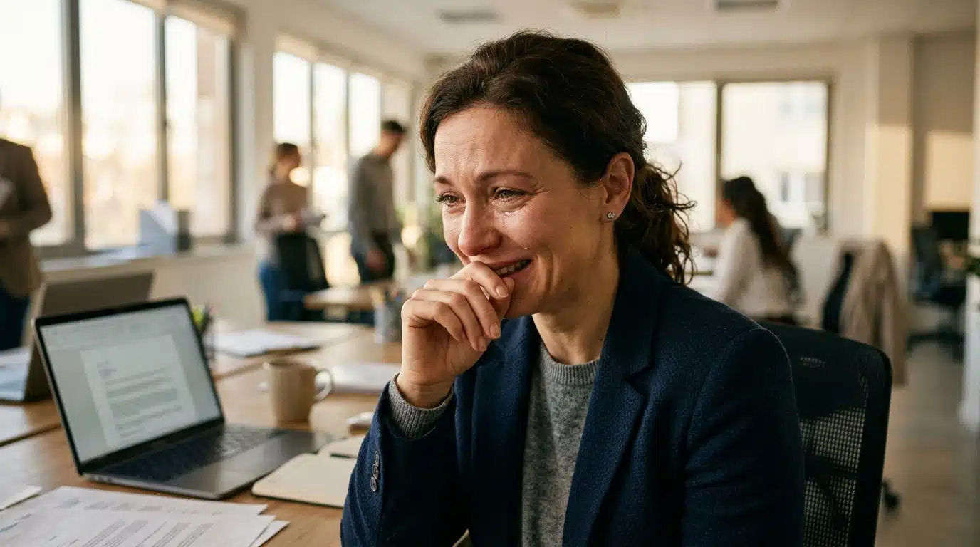 Employée émue aux larmes dans un bureau lumineux
