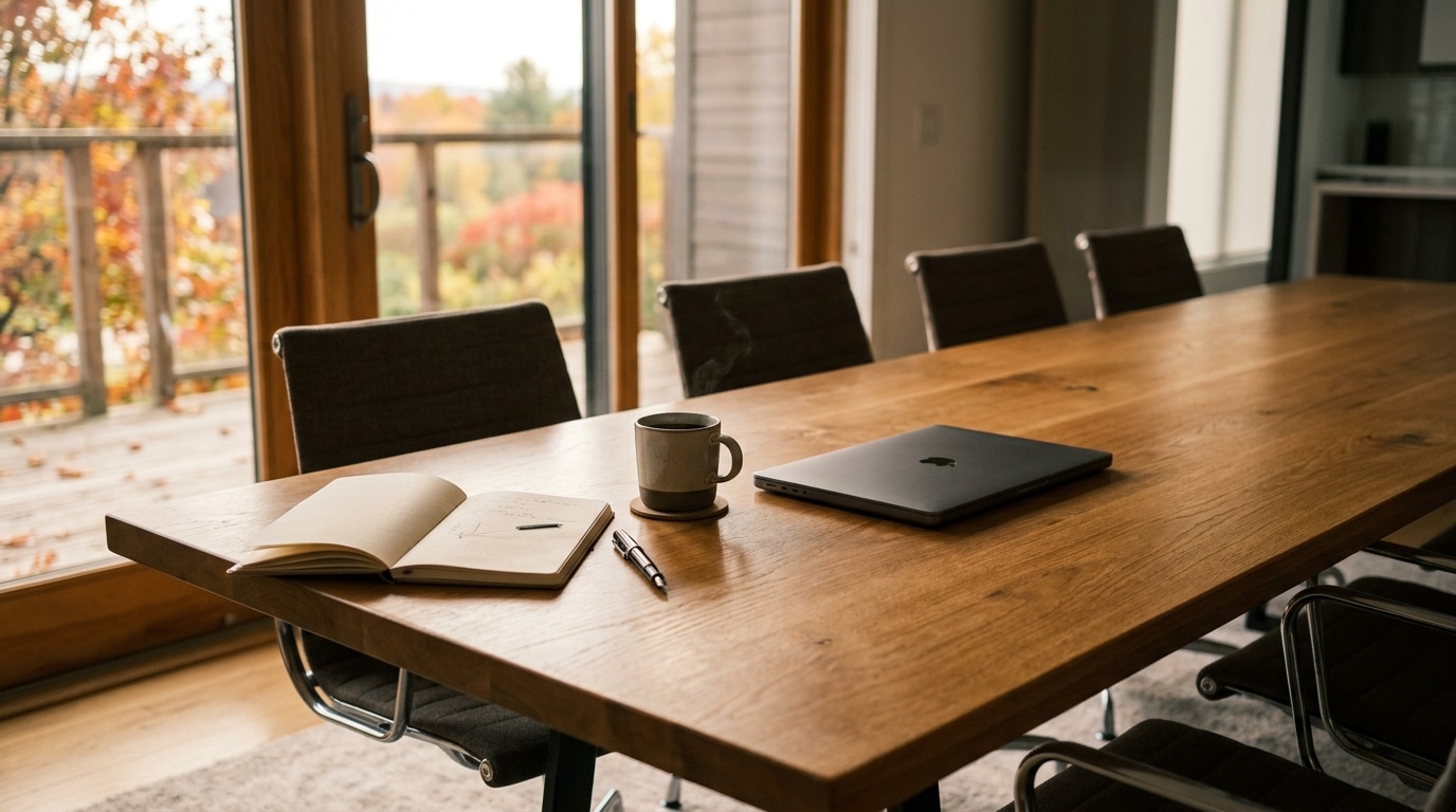 Table de réunion vide avec carnet et tasse de café