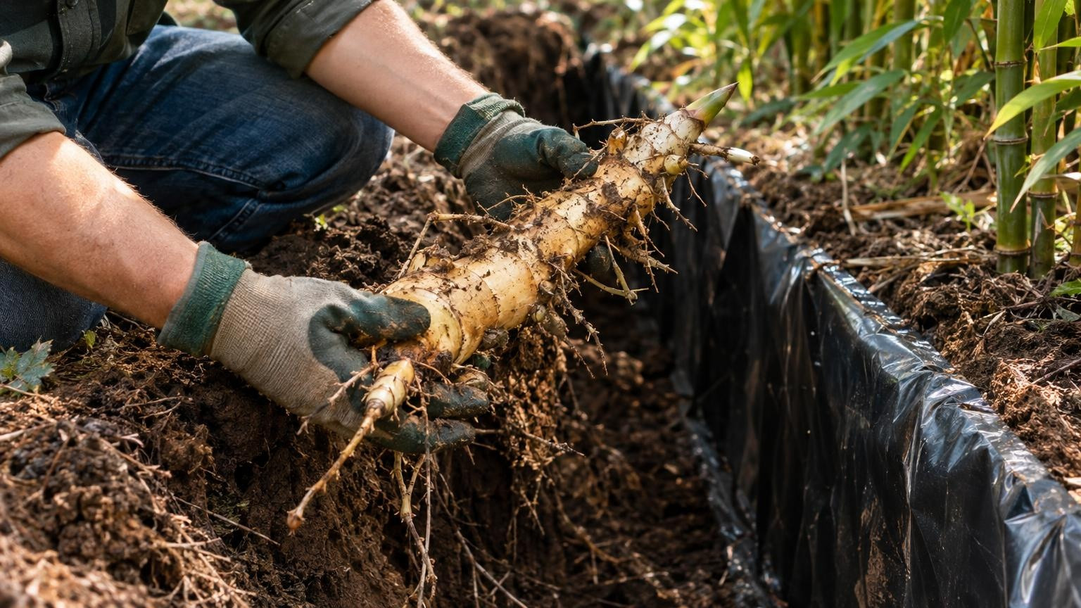 Mains gantées tenant un rhizome près d'une barrière anti-racines