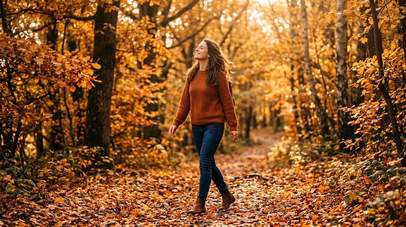 Femme respirant l'odeur des feuilles en forêt